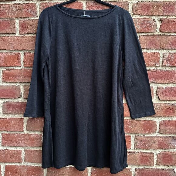Eileen Fisher $148 Organic Linen Jersey Bateau Neck tunic Top Black XXS NEW - Picture 1 of 11